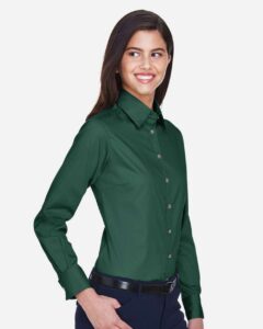 Harriton M500W Women’s Easy Blend™ Twill Dress Shirt with Stain-Release – Hunter (on model side)