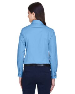 Harriton M500W Women’s Easy Blend™ Twill Dress Shirt with Stain-Release – Light College Blue (on model back)
