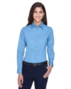 Harriton M500W Women’s Easy Blend™ Twill Dress Shirt with Stain-Release – Light College Blue (on model)