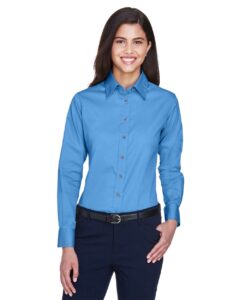 Harriton M500W Women’s Easy Blend™ Twill Dress Shirt with Stain-Release – Nautical Blue (on model)
