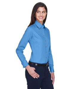 Harriton M500W Women’s Easy Blend™ Twill Dress Shirt with Stain-Release – Nautical Blue (on model side)