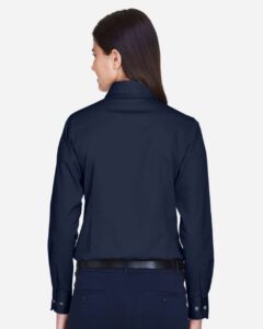 Harriton M500W Women’s Easy Blend™ Twill Dress Shirt with Stain-Release – Navy (on model back)