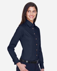 Harriton M500W Women’s Easy Blend™ Twill Dress Shirt with Stain-Release – Navy (on model side)
