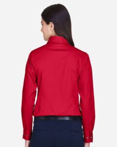 Harriton M500W Women’s Easy Blend™ Twill Dress Shirt with Stain-Release – Red (on model back)