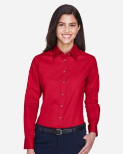Harriton M500W Women’s Easy Blend™ Twill Dress Shirt with Stain-Release – Red (on model)