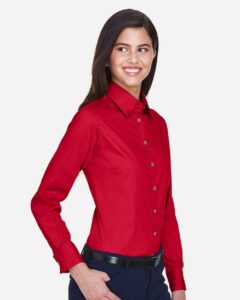 Harriton M500W Women’s Easy Blend™ Twill Dress Shirt with Stain-Release – Red (on model side)