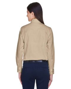 Harriton M500W Women’s Easy Blend™ Twill Dress Shirt with Stain-Release – Stone (on model back)