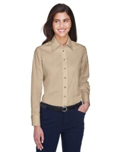 Harriton M500W Women’s Easy Blend™ Twill Dress Shirt with Stain-Release – Stone (on model)
