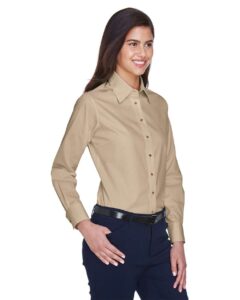 Harriton M500W Women’s Easy Blend™ Twill Dress Shirt with Stain-Release – Stone (on model side)