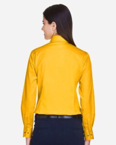 Harriton M500W Women’s Easy Blend™ Twill Dress Shirt with Stain-Release – Sunray Yellow (on model back)