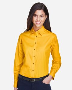 Harriton M500W Women’s Easy Blend™ Twill Dress Shirt with Stain-Release – Sunray Yellow (on model)