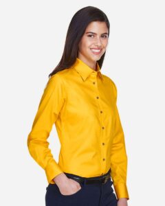 Harriton M500W Women’s Easy Blend™ Twill Dress Shirt with Stain-Release – Sunray Yellow (on model side)