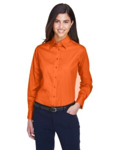 Harriton M500W Women’s Easy Blend™ Twill Dress Shirt with Stain-Release – Team Orange (on model)