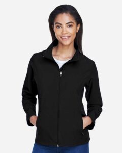 Team 365 TT80W Women’s Leader Soft Shell Jacket – Black (on model)