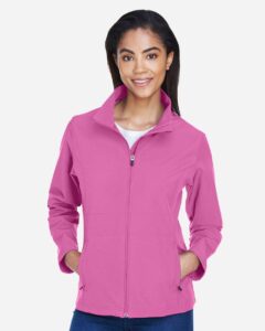 Team 365 TT80W Women’s Leader Soft Shell Jacket – Sport Charity Pink (on model)