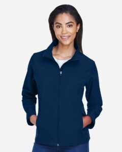 Team 365 TT80W Women’s Leader Soft Shell Jacket – Sport Dark Navy (on model)