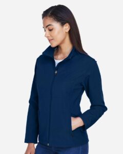 Team 365 TT80W Women’s Leader Soft Shell Jacket – Sport Dark Navy (on model side)