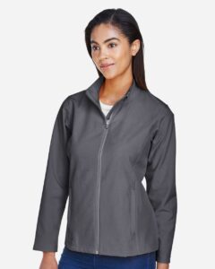 Team 365 TT80W Women’s Leader Soft Shell Jacket – Sport Graphite (on model side)