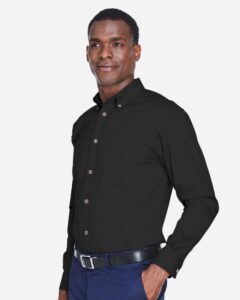 Harriton M500 Men’s Easy Blend™ Twill Shirt – Black (on model side)
