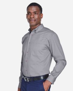 Harriton M500 Men’s Easy Blend™ Twill Shirt – Dark Grey (on model side)
