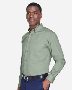 Harriton M500 Men’s Easy Blend™ Twill Shirt – Dill (on model side)
