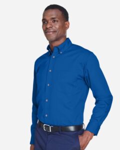 Harriton M500 Men’s Easy Blend™ Twill Shirt – French Blue (on model side)