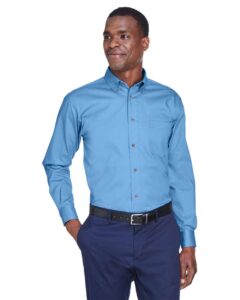 Harriton M500 Men’s Easy Blend™ Twill Shirt – Light College Blue (on model)