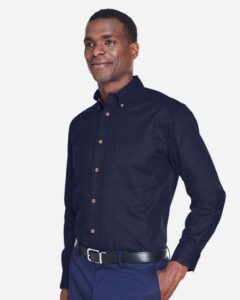 Harriton M500 Men’s Easy Blend™ Twill Shirt – Navy (on model side)