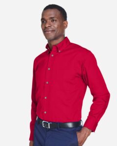 Harriton M500 Men’s Easy Blend™ Twill Shirt – Red (on model side)