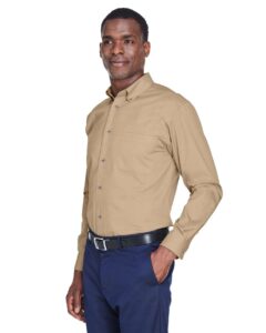 Harriton M500 Men’s Easy Blend™ Twill Shirt – Stone (on model side)