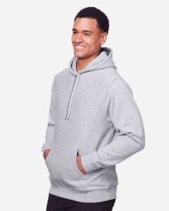 Team 365 TT96 Unisex Zone HydroSport™ Heavyweight Hooded Sweatshirt – Athletic Heather (on model side)