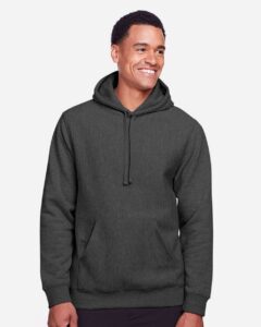 Team 365 TT96 Unisex Zone HydroSport™ Heavyweight Hooded Sweatshirt – Dark Grey Heather (on model)