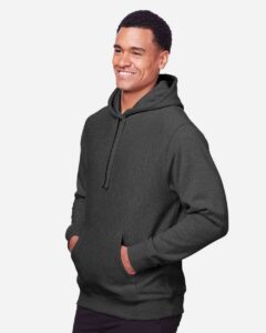 Team 365 TT96 Unisex Zone HydroSport™ Heavyweight Hooded Sweatshirt – Dark Grey Heather (on model side)