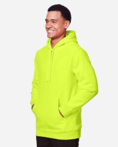 Team 365 TT96 Unisex Zone HydroSport™ Heavyweight Hooded Sweatshirt – Safety Yellow (on model side)
