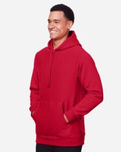Team 365 TT96 Unisex Zone HydroSport™ Heavyweight Hooded Sweatshirt – Sport Red (on model side)