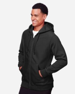 Team 365 TT95 Unisex Zone HydroSport™ Heavyweight Full-Zip Hooded Sweatshirt – Black (on model side)