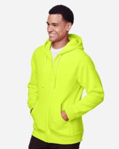 Team 365 TT95 Unisex Zone HydroSport™ Heavyweight Full-Zip Hooded Sweatshirt – Safety Yellow (on model side)