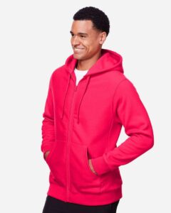 Team 365 TT95 Unisex Zone HydroSport™ Heavyweight Full-Zip Hooded Sweatshirt – Sport Red (on model side)
