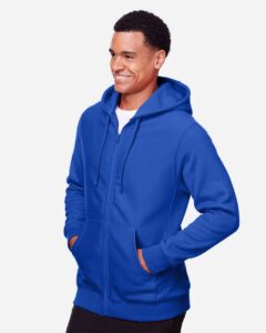 Team 365 TT95 Unisex Zone HydroSport™ Heavyweight Full-Zip Hooded Sweatshirt – Sport Royal (on model side)