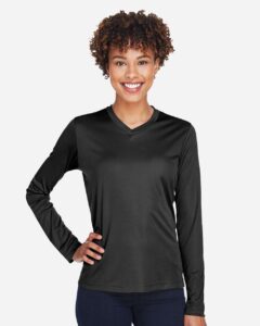 Team 365 TT11WL Women’s Zone Performance Long Sleeve T-Shirt – Black (on model)