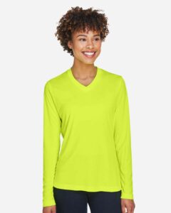 Team 365 TT11WL Women’s Zone Performance Long Sleeve T-Shirt – Safety Yellow (on model)