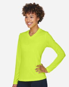 Team 365 TT11WL Women’s Zone Performance Long Sleeve T-Shirt – Safety Yellow (on model side)