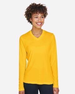 Team 365 TT11WL Women’s Zone Performance Long Sleeve T-Shirt – Sport Athletic Gold (on model)