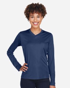 Team 365 TT11WL Women’s Zone Performance Long Sleeve T-Shirt – Sport Dark Navy (on model)