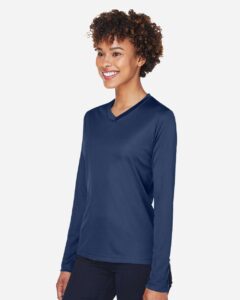 Team 365 TT11WL Women’s Zone Performance Long Sleeve T-Shirt – Sport Dark Navy (on model side)