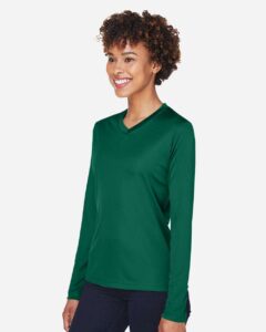 Team 365 TT11WL Women’s Zone Performance Long Sleeve T-Shirt – Sport Forest (on model side)