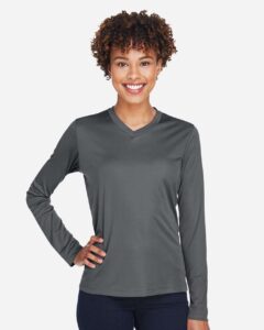 Team 365 TT11WL Women’s Zone Performance Long Sleeve T-Shirt – Sport Graphite (on model)