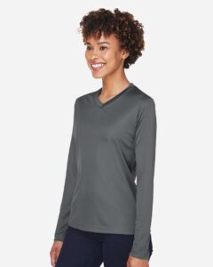 Team 365 TT11WL Women’s Zone Performance Long Sleeve T-Shirt – Sport Graphite (on model side)
