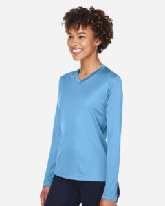 Team 365 TT11WL Women’s Zone Performance Long Sleeve T-Shirt – Sport Light Blue (on model side)