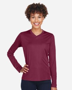 Team 365 TT11WL Women’s Zone Performance Long Sleeve T-Shirt – Sport Maroon (on model)